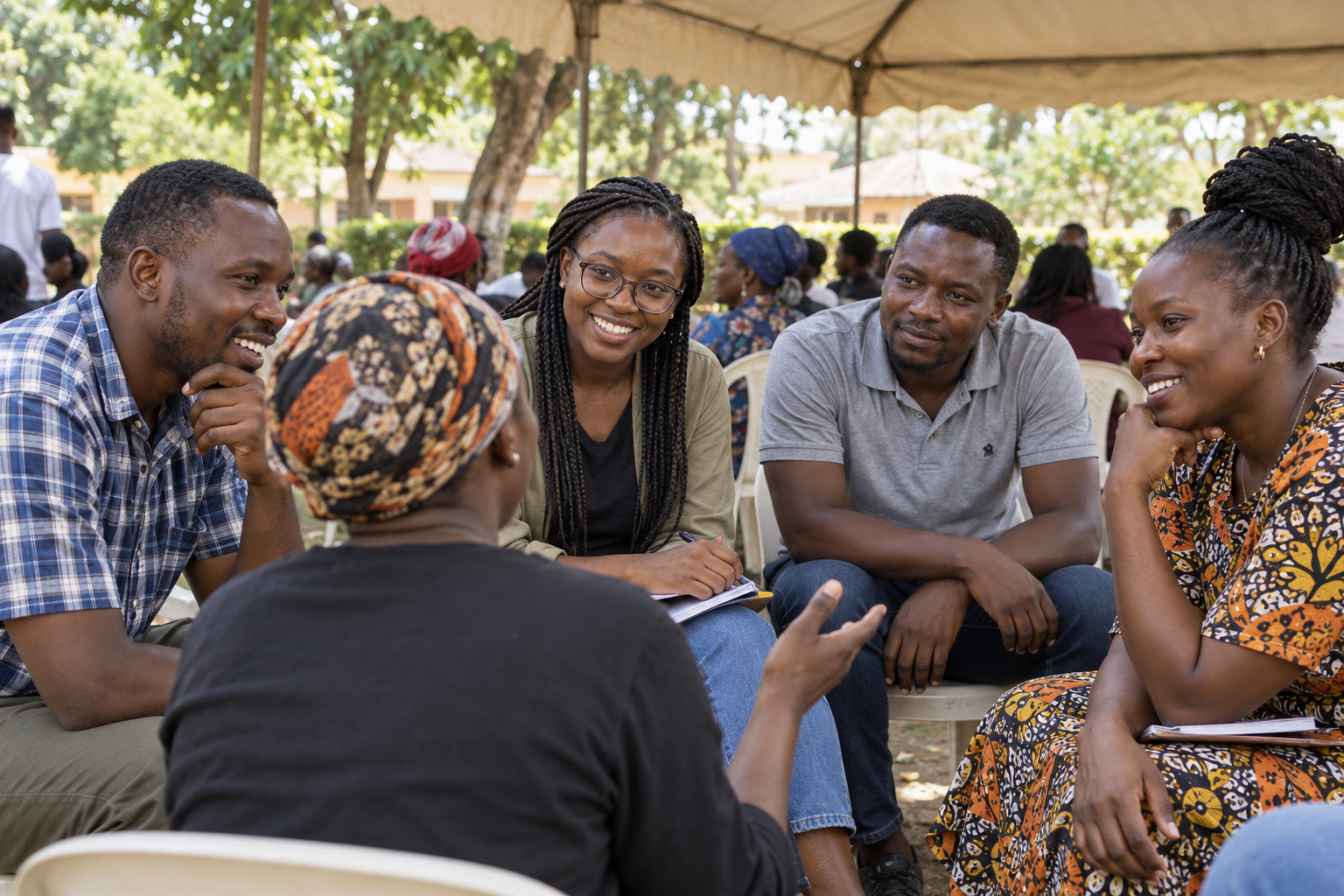 AI-generated scene of African adults sharing a warm community conversation under a canopy
