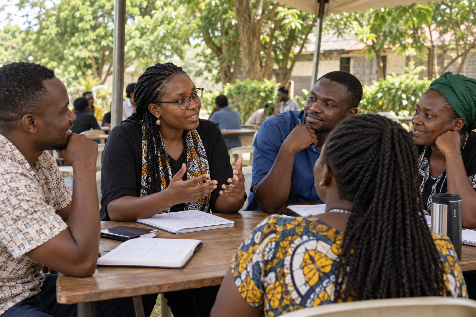 AI-generated scene of an African woman facilitating a community workshop around a table