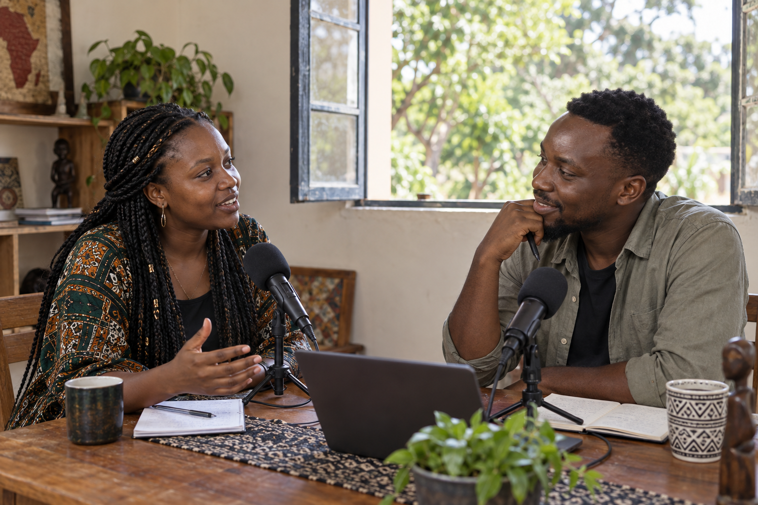 AI-generated scene of two African adults recording a podcast conversation
