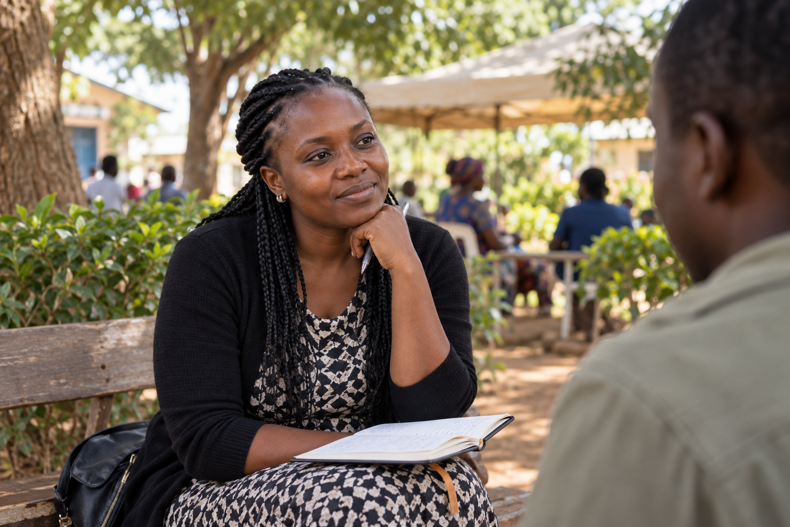 AI-generated scene of an African woman listening thoughtfully with an open notebook on her lap