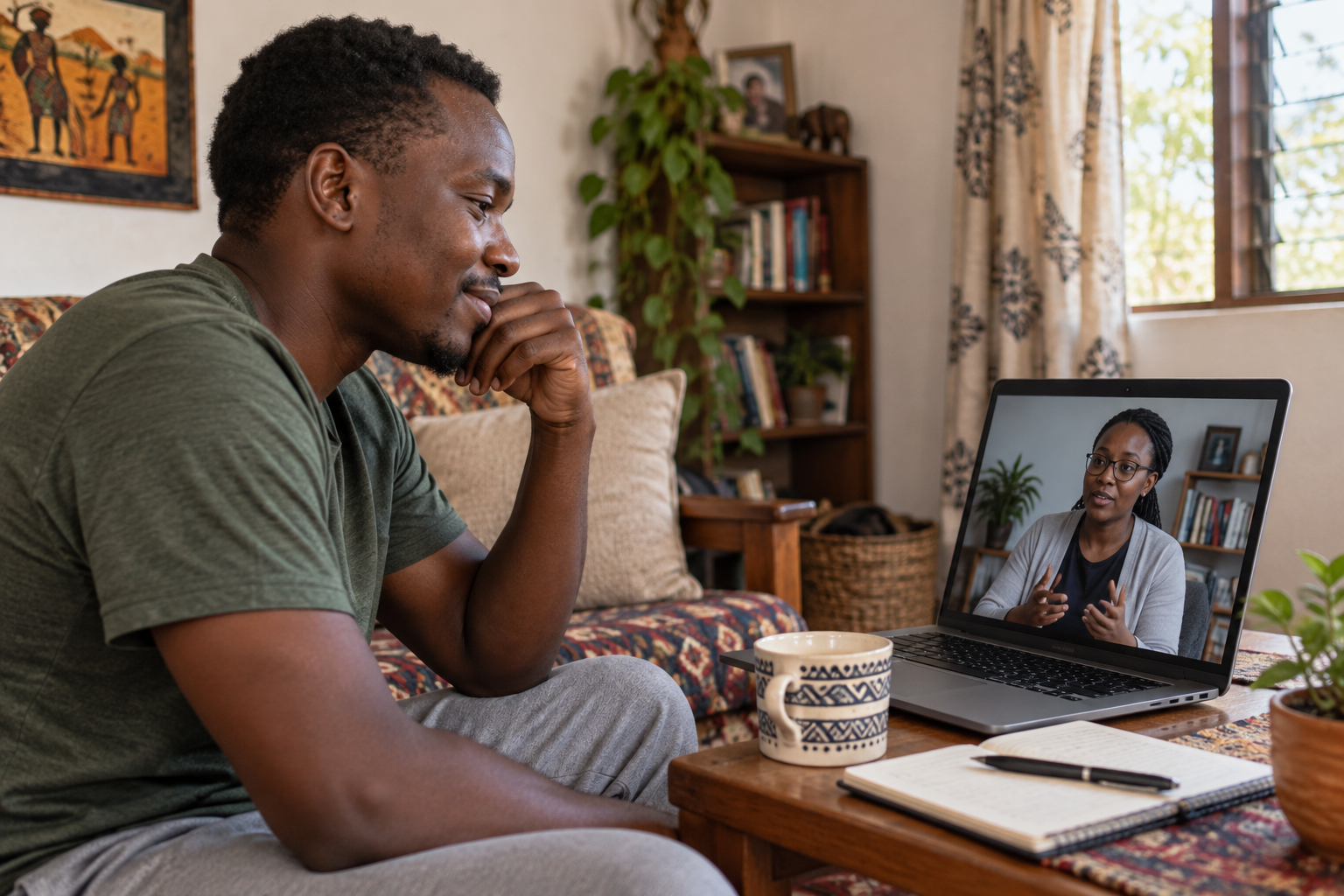 AI-generated scene of an African man speaking with a therapist on a laptop at home